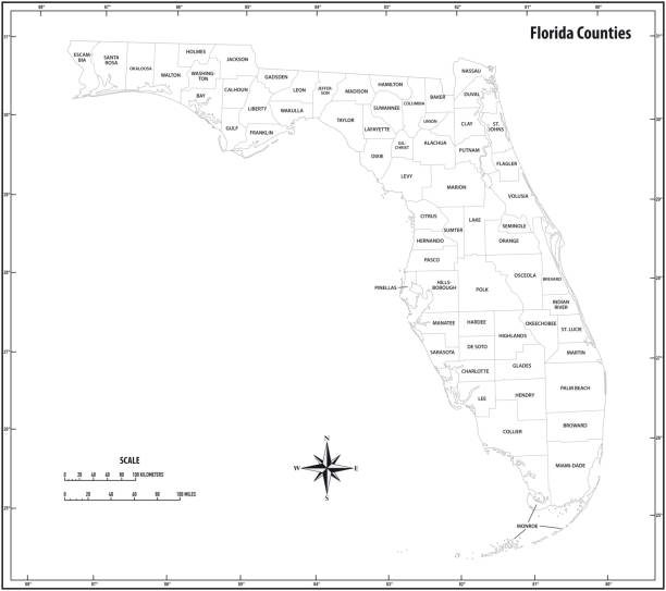 フロリダ州は白黒で白黒の行政と政治地図を概説 - national border点のイラスト素材／クリップアート素材／マンガ素材／アイコン素材