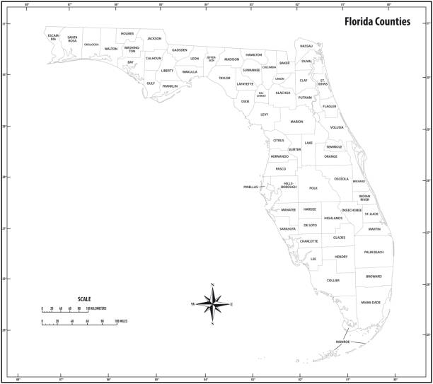 штат флорида наброски административной и политической карте в черно-белом черно-белом - florida stock illustrations