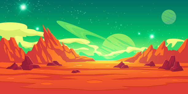 Mars landscape, alien planet, martian background Mars landscape, alien planet background, red desert surface with mountains, craters, saturn and stars shine on green sky. Martian extraterrestrial computer game backdrop, cartoon vector illustration planet space stock illustrations