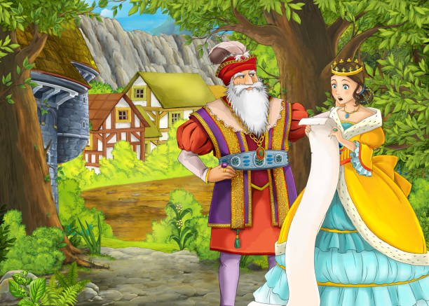 istock Cartoon nature scene with beautiful castle with happy couple 1219107301