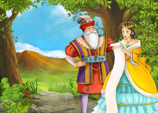 istock Cartoon nature scene with beautiful castle with happy couple 1219107539