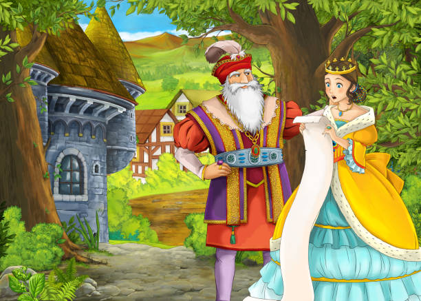 istock Cartoon nature scene with beautiful castle with happy couple 1219107773