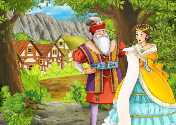 istock Cartoon nature scene with beautiful castle with happy couple 1219108856