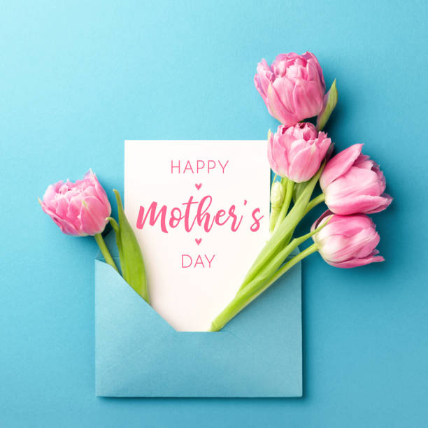 Pink tulips and white card in envelope. Bouquet of pink tulips in turquoise envelope on turquoise background. Happy Mother's Day greeting card. Flat lay, top view. mothers day stock pictures, royalty-free photos & images