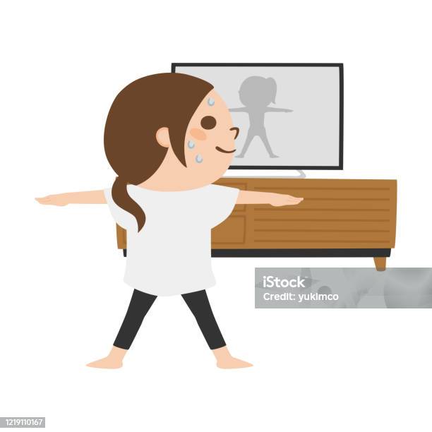 Illustration Of A Woman Exercising While Watching Tv At Home Stock  Illustration - Download Image Now - iStock
