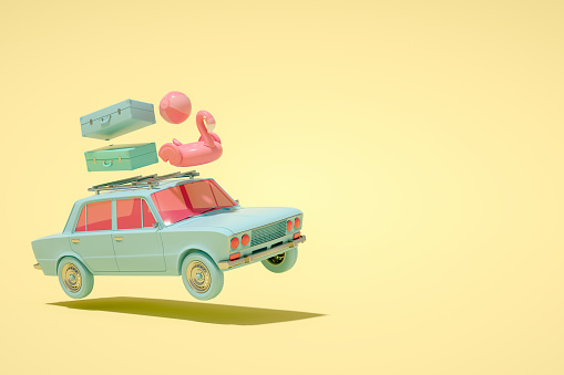 3d rendering of old car and luggage, yellow background, minimal summer and travel concept. Retro style.