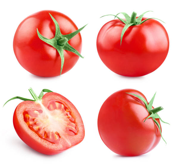 istock Set of delicious red tomatoes on white 1219111758