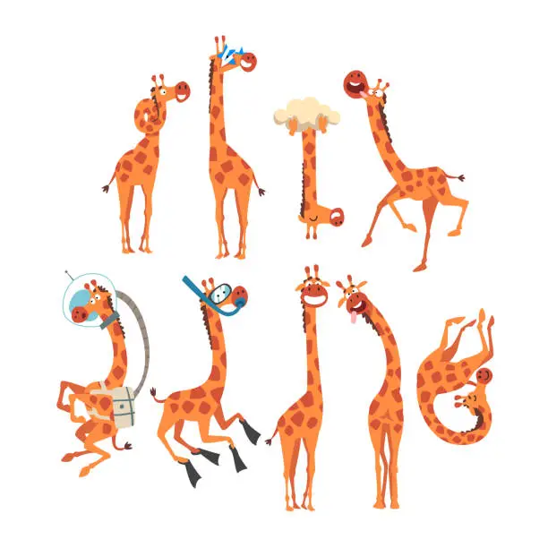 Vector illustration of Funny Giraffe Collection, Crazy African Animal Cartoon Character in Various Poses Vector Illustration