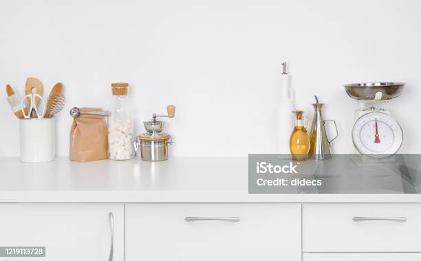 Kitchen Countrer No Background Modern Simple Kitchen Counter Interior With Kitchenware On White ...