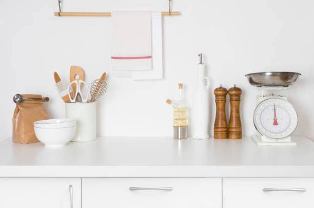 istock Minimalistic modern kitchen in pastel colors with kitchenware and space 1219113734