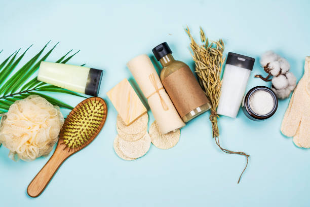 Body care cosmetic products Body care cosmetic products. Natural cosmetics and green tropical leaves on blue background. Natural organic skincare, bio research and healthy lifestyle concept. Top view nature russia environmental conservation mineral stock pictures, royalty-free photos & images