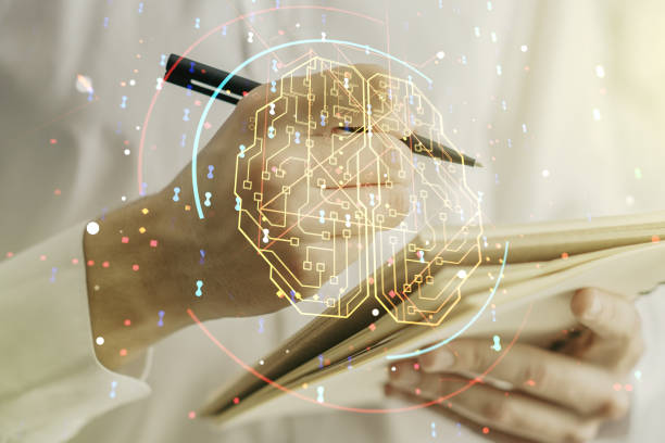 istock Double exposure of creative human brain microcircuit with man hand writing in notepad on background. Future technology and AI concept 1219117185