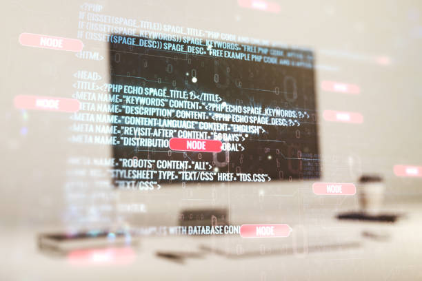 istock Double exposure of abstract programming language on laptop background, research and development concept 1219118134