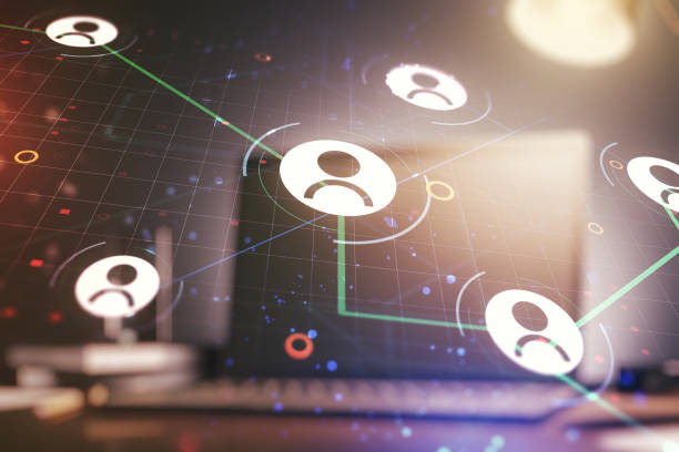 istock Social network concept with modern laptop on background. Multiexposure 1219118202