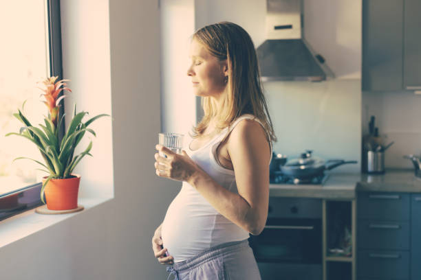 istock Side of calm peaceful expectant mother standing in kitchen 1219121090