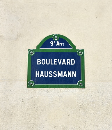Paris, France. Famous high street Boulevard Haussmann street sign isolated.