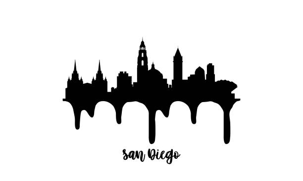 San Diego black skyline silhouette vector illustration on white background with dripping ink effect. Landmarks and iconic buildings of the city, easily editable san diego stock illustrations