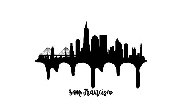 ilustrações, clipart, desenhos animados e ícones de san francisco usa preto skyline silhueta vetores ilustração vetorial em fundo branco com efeito de tinta pingando. - chinatown san francisco chinatown san francisco county cityscape