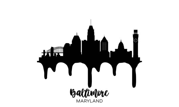 ilustrações, clipart, desenhos animados e ícones de baltimore maryland usa preto skyline silhueta vetores ilustração em fundo branco com efeito de tinta pingando. - baltimore