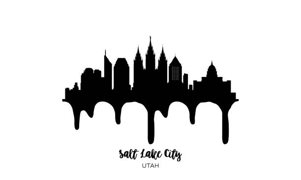 illustrazioni stock, clip art, cartoni animati e icone di tendenza di illustrazione vettoriale della silhouette dello skyline nero di salt lake city usa su sfondo bianco con effetto inchiostro gocciolante. - salt lake city illustrations