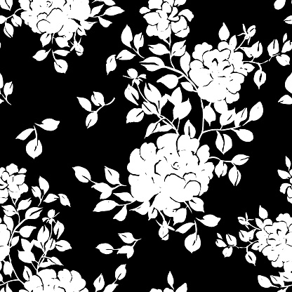Vector seamless floral pattern. Silhouettes of large blossom roses with foliage. Plane opulent botanical ornament in vintage style. Fashion design for fabric, textile,  background, wrapper, wallpaper