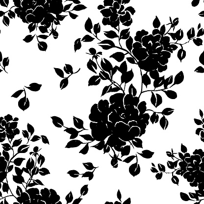 Vector seamless floral pattern. Silhouettes of large blossom roses with foliage. Plane opulent botanical ornament in vintage style. Fashion design for fabric, textile,  background, wrapper, wallpaper