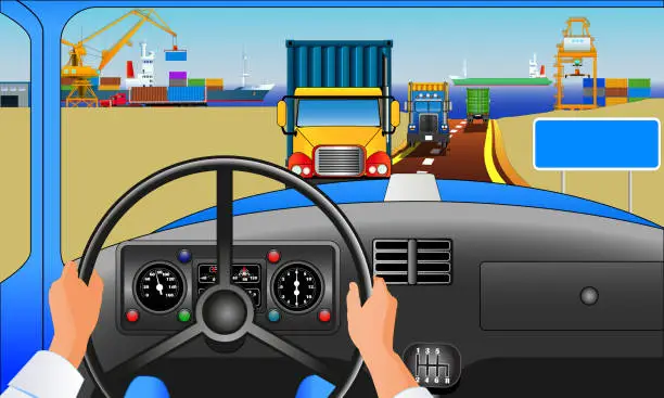 Vector illustration of Harbor trucks, from the driver perspective, vector