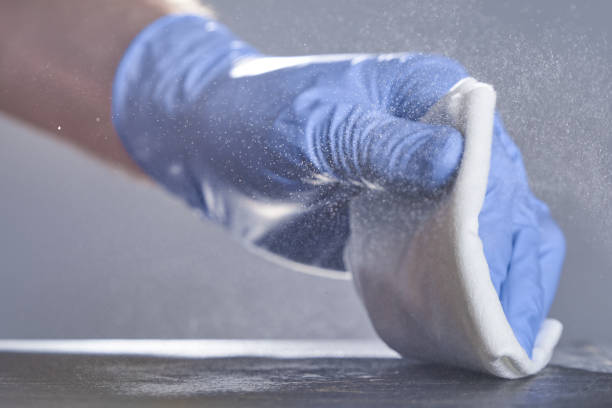 istock Soft-focus photo. Spray disinfectant on a gray background. Surface treatment. 1219125583