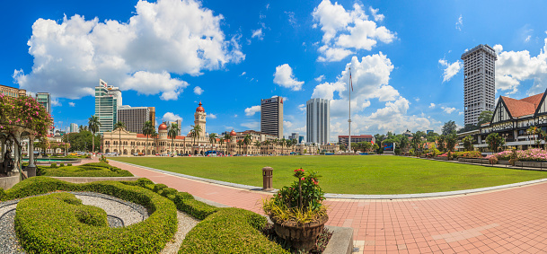 Photo taken from Merdeka Square in Kuala Lumpur overlooking the skyline and the ancient Sultan Abdul Samad Building photographed in Malaysia in November 2013
