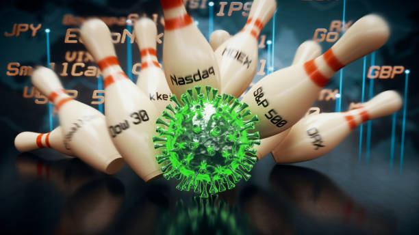 la cellula verde coronavirus colpisce i perni da bowling che rappresentano il mercato azionario - nasdaq dow jones industrial average moving down falling foto e immagini stock