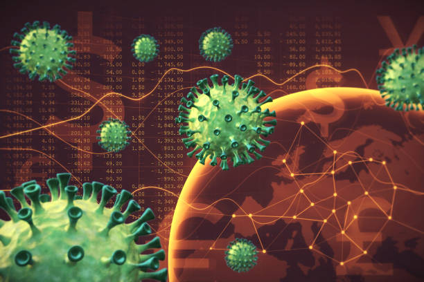 istock Coronavirus economic infographics with financial data spreadsheets, graphs and a world map in the background and virus cells in the foreground 1219125802