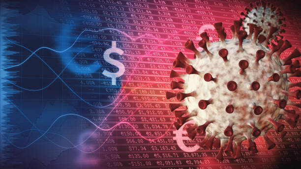 Coronavirus economic infographics with financial data spreadsheets and graphs in the background and virus cells in the foreground