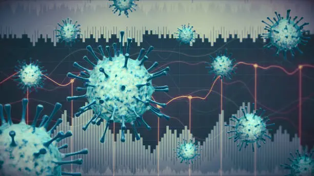 Photo of Abstract coronavirus economic infographics concept with charts and graphs in the background and virus cells in the foreground