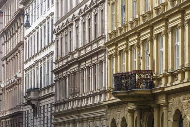 Ornate building facades in central Budapest, Hungary.