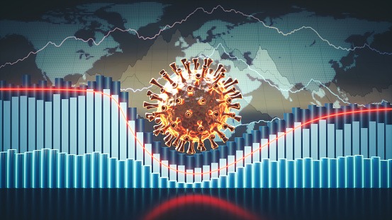 Abstract coronavirus economic infographics 3D concept with charts, graphs and world map in the background and a virus cell in the centre