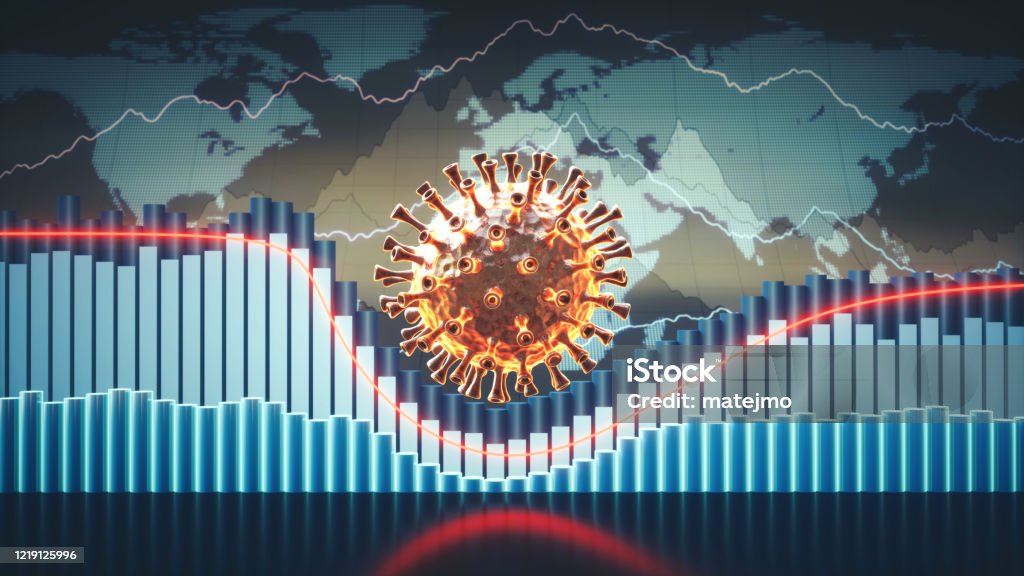 Abstrakcyjna koronawirusowa infografika ekonomiczna 3D z wykresami, wykresami i mapą świata w tle i komórką wirusa w centrum - Zbiór zdjęć royalty-free (Koronawirus)