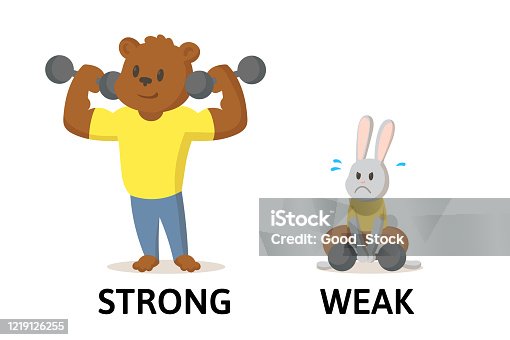 istock Words strong and weak flashcard with cartoon animal characters. Opposite adjectives explanation card. Flat vector illustration, isolated on white background. 1219126255
