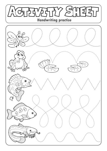 ilustrações de stock, clip art, desenhos animados e ícones de activity sheet handwriting practise 7 - practicing