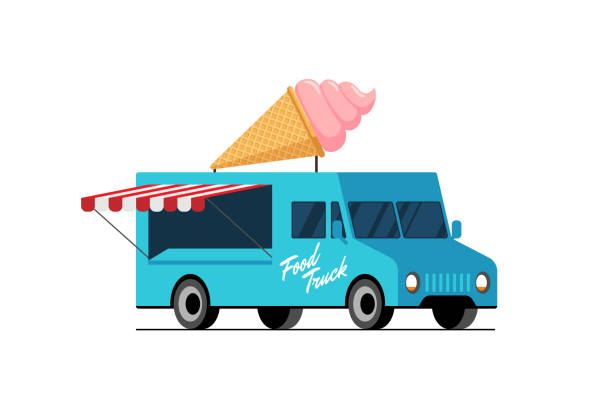 ilustrações de stock, clip art, desenhos animados e ícones de fast food blue truck. ice cream waffle cone on van roof. sweet eskimo car delivery service or festival on street popsicle wheels vector flat illustration - truck moving van white backgrounds