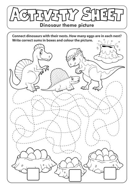 ilustraciones, imágenes clip art, dibujos animados e iconos de stock de hoja de actividad tema de dinosaurio 2 - drawn learn dinosaur