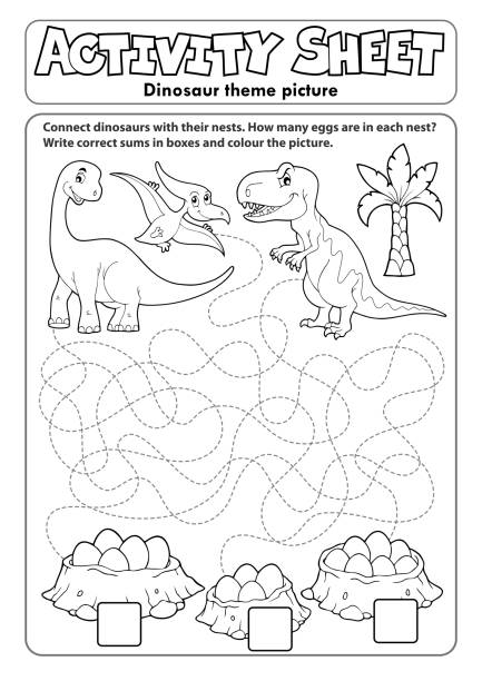 ilustraciones, imágenes clip art, dibujos animados e iconos de stock de hoja de actividad tema de dinosaurio 1 - drawn learn dinosaur