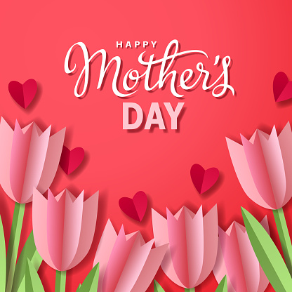 Celebrate the Mother's Day with bunch of tulips and hearts paper craft on the red background