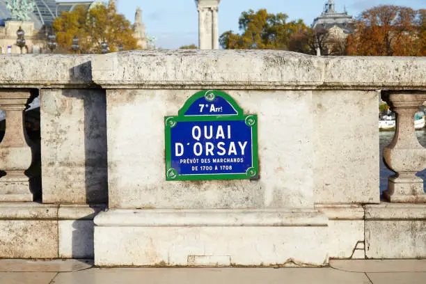 Quai Orsay typical street sign and stone balustrade in Paris, France