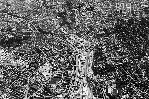 London black and white panoramic aerial view.