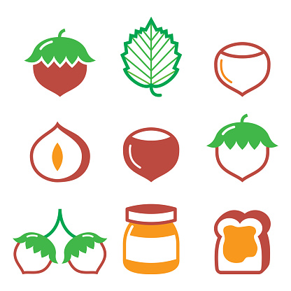 Nature, food color icons - hazelnuts, hazelnut bread spread icons set