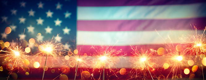Usa Celebration With Sparklers And Blurred American Flag On Vintage Background