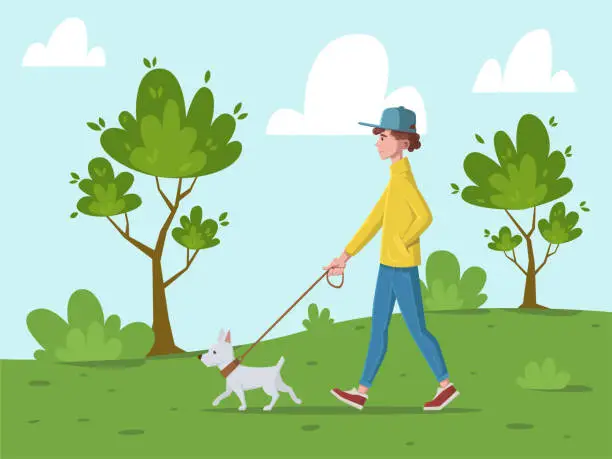 Vector illustration of A young man is walking with white dog in park or forest with green trees and bushes. Vector illustration.