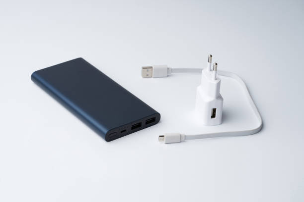 istock White USB power adapter, cable and blue power bank for divice isolated on a white background. 1219135438