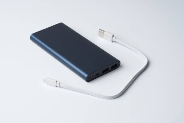 白い背景に隔離されたディビツェのための白いusbケーブルと青いパワーバンク。 - mobile phone charging power plug adapter ストックフォトと画像