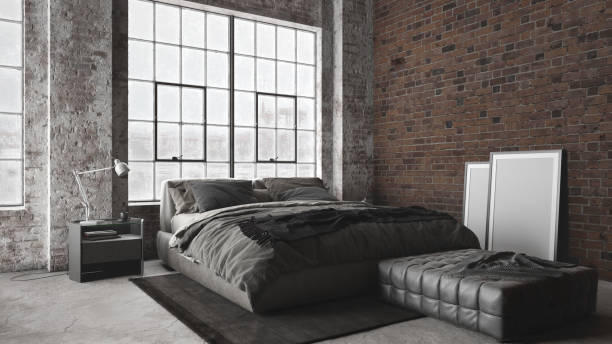 istock Open space bedroom in industrial styled apartment interior 1219135472